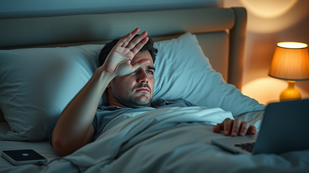 serene bedroom environment, concerned adult lying in bed with restless expression, hand shielding eyes from faint glow of electronic devices, EMFs affect sleep, obvious electronic sources nearby