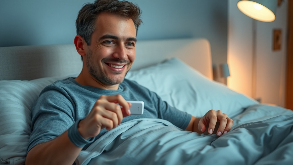 motivated adult unplugging bedside device, EMFs affect sleep, gentle action in softly lit modern bedroom