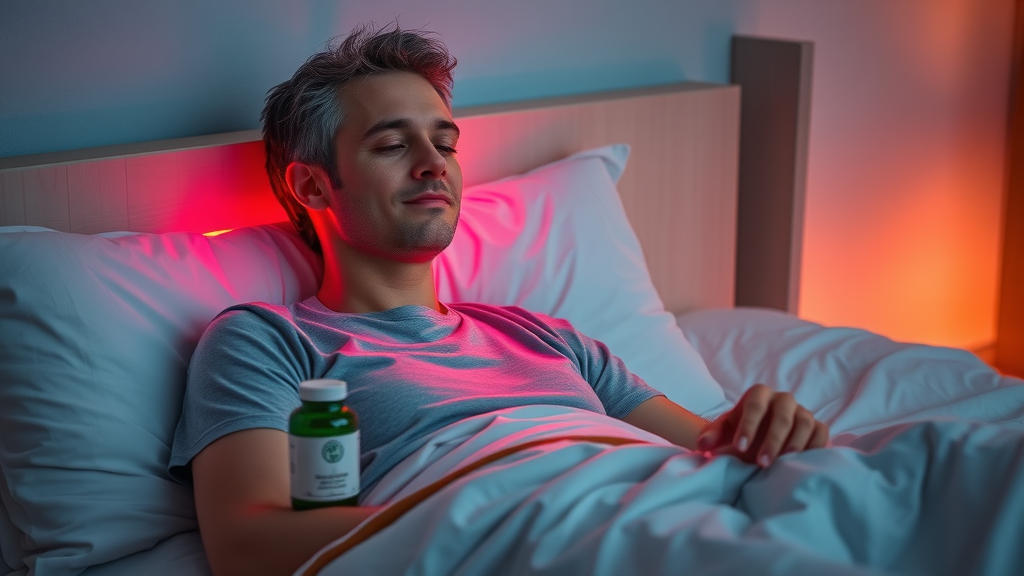 state-of-the-art red light device beside bed, adult enjoying therapy, peaceful modern sleep space with subtle supplements visible; EMFs affect sleep