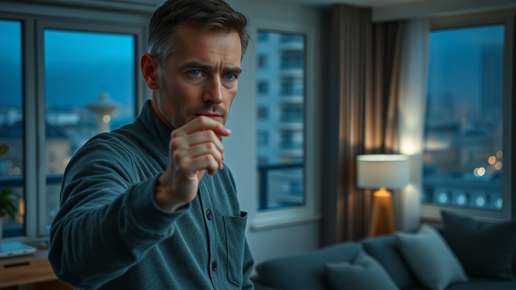 adult switching off Wi-Fi router in modern living room at night, EMFs affect sleep, determined action amid powered-down devices