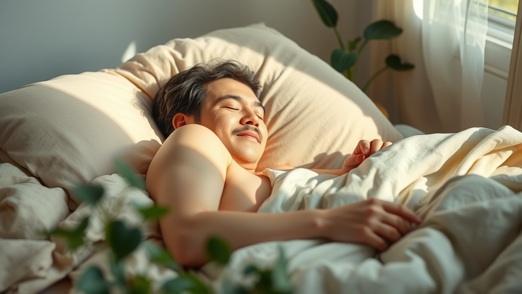 peaceful sleep scene, adult sleeping soundly, EMFs affect sleep, no electronics, restful minimalist bedroom with natural light and soft earth tones