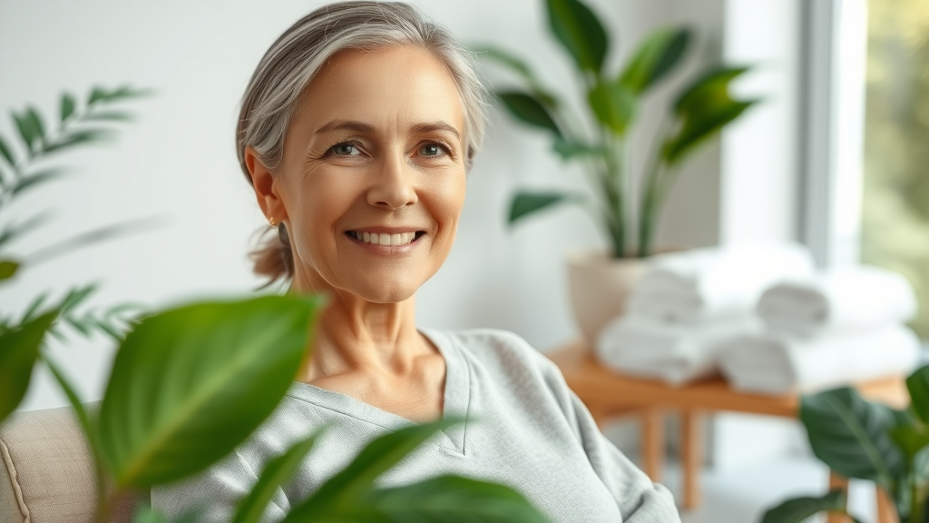 Colonic irrigation wellness center with relaxed woman in serene spa setting