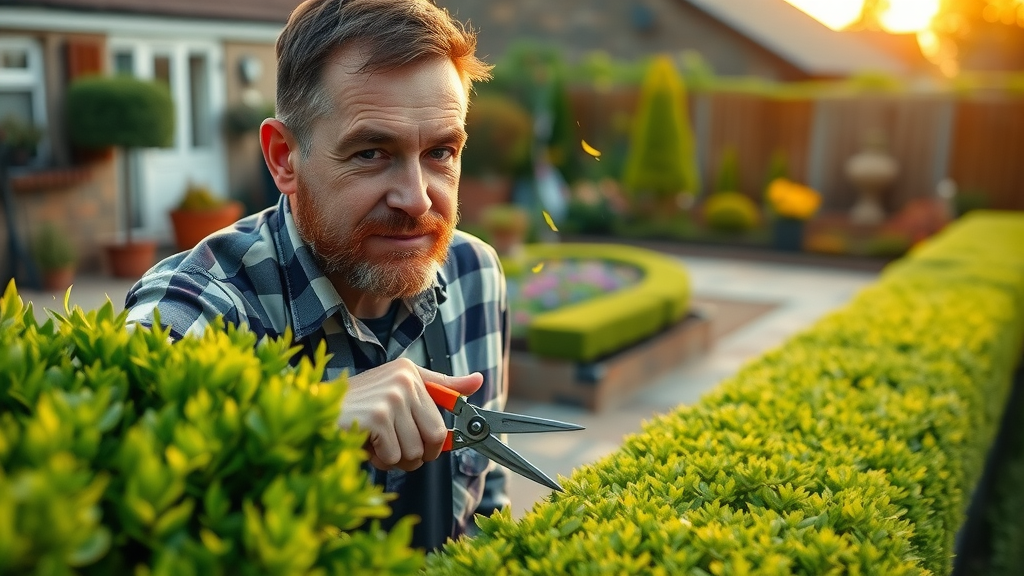 Expert gardener performing precise garden maintenance Bedfordale hedge trimming.